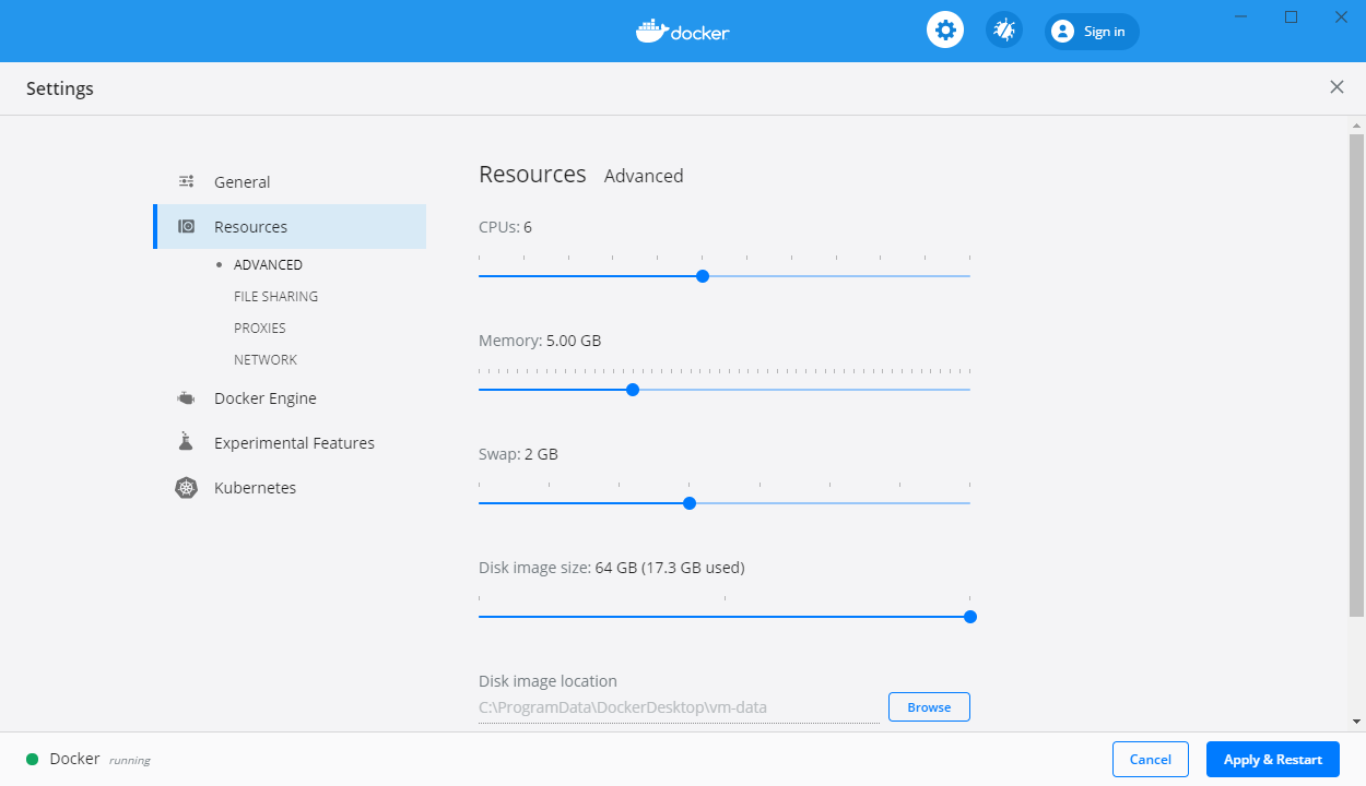 Docker settings showing higher resources given to the Docker VM.